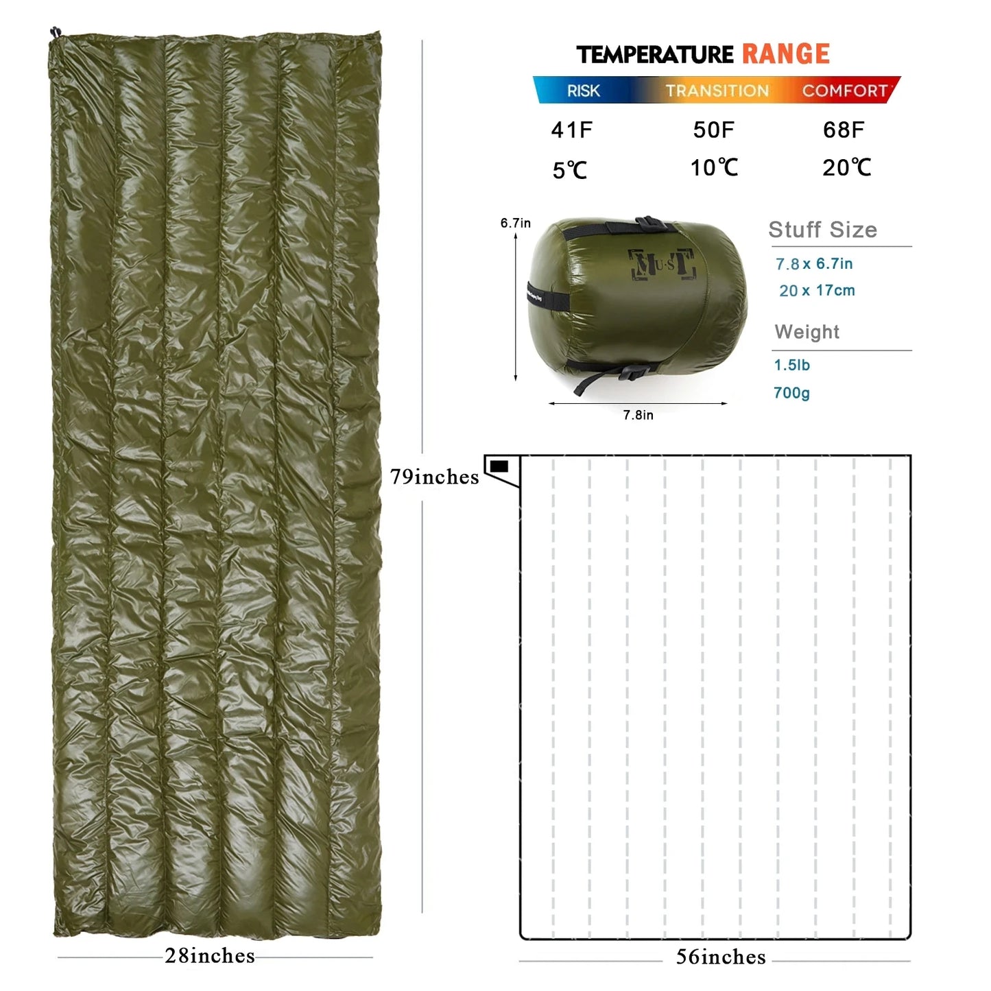 Ultralight Down Sleeping Bag 41-68 Degree F